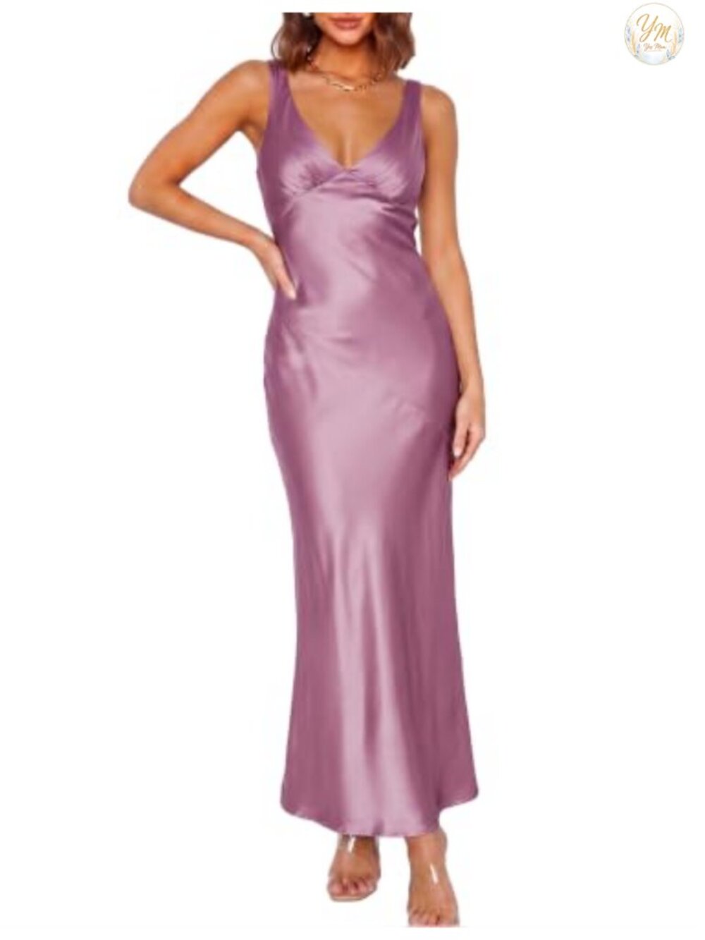 Satin Maxi Dress V Neck Backless Sleeveless Wedding Guest Formal